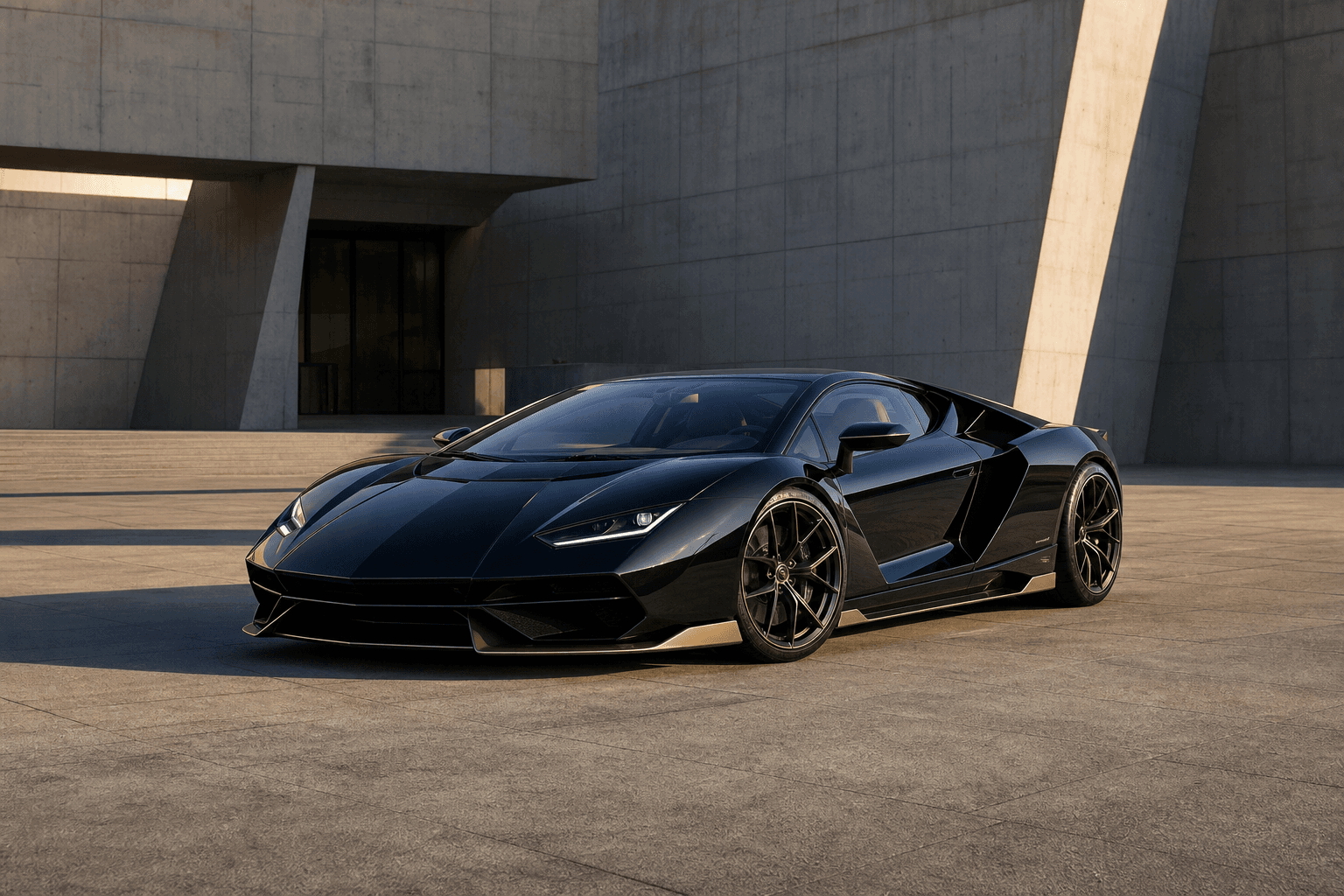 Black performance automobile with champagne detailing