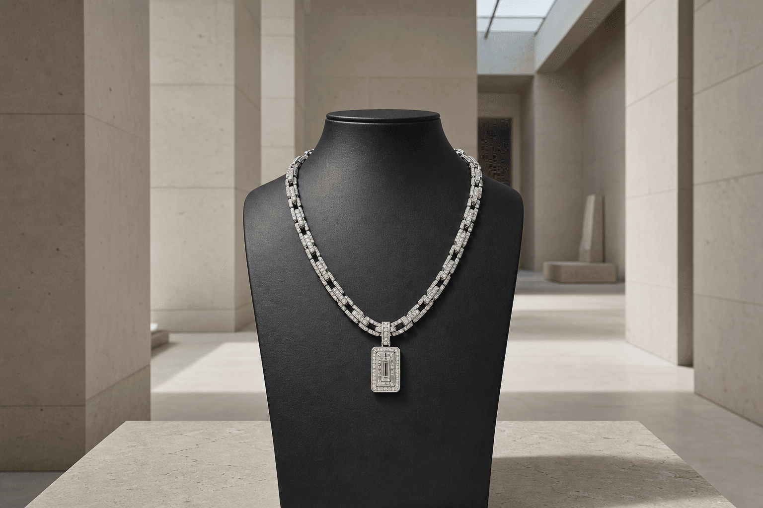 Platinum diamond chain with a tiny luxury GPU cluster pendant on black velvet