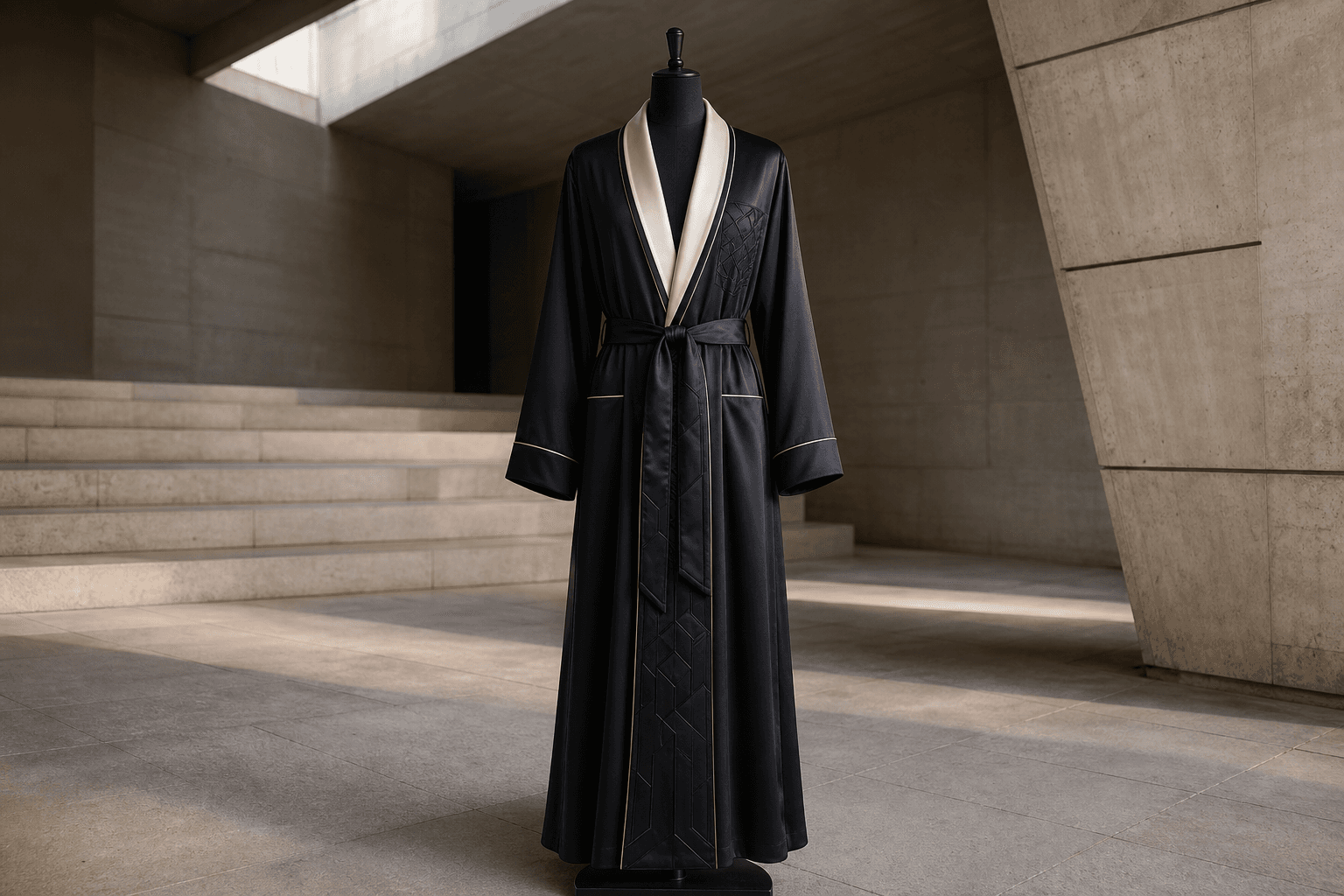 Black and ivory silk robe with champagne trim and subtle neural embroidery