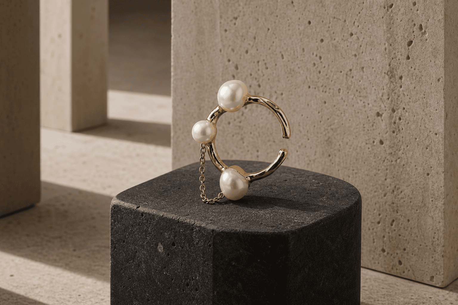 Champagne gold ear cuff with pearl token beads and abstract chat-bubble charms